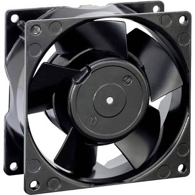 Black fan in a square frame, suitable for cooling electronic devices. Compact design with six fan blades.