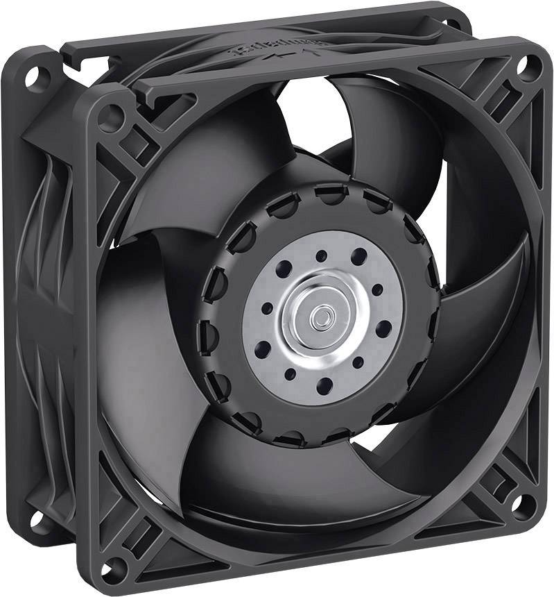 'A black computer fan with five rounded blades in a square frame. It serves to cool computers.'