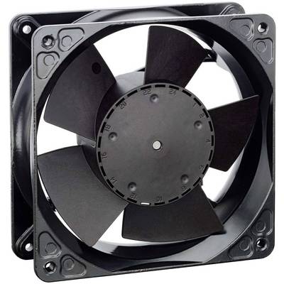 A black computer fan with five blades in a rectangular frame, used for cooling electronic devices.