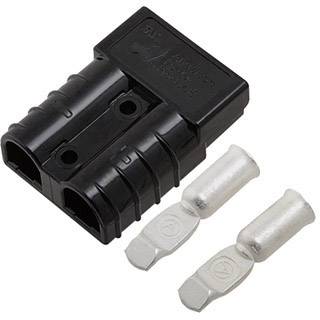 Black electrical connector with two silver contacts, suitable for high-current applications.