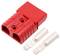Red electrical connector with two metal terminals for connecting cables. Suitable for high-current applications.
