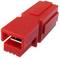 Red electrical plug connector with a rectangular shape and two visible metal contacts, suitable for quick cable connections.