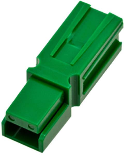 Green plastic connector with a rectangular shape and two socket ports. Used for connecting electrical cables.