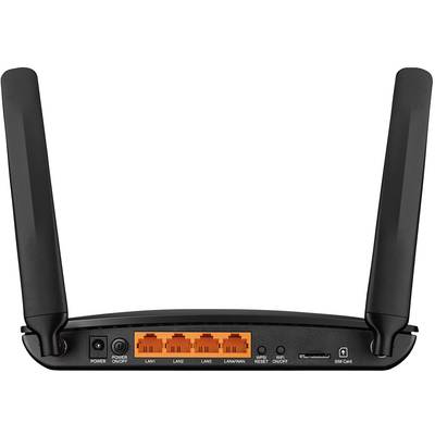 A black Wi-Fi router with two aerials. The rear panel shows ports for Ethernet cables, a SIM card slot, and a power switch.