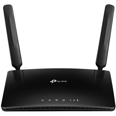 Black router with two antennas, TP-Link logo in the centre. Front displays operational, Wi-Fi, and connection symbols.