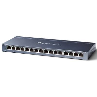 A grey 16-port Ethernet switch by TP-Link, model TL-SG1016D, with LED indicators for network management.