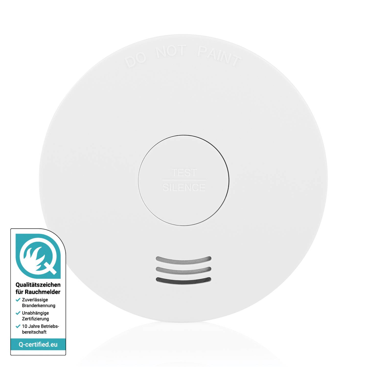 Round, white smoke detector with a 'Test/Silence' button. Bottom left features a quality mark for smoke detectors with certification logo.