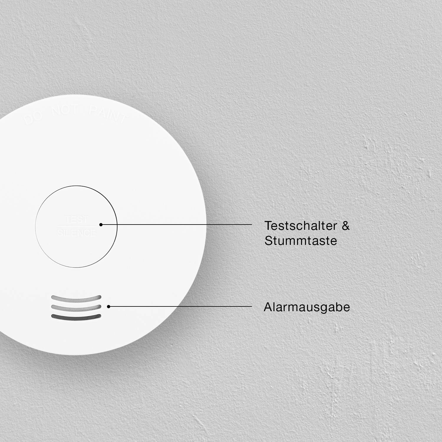 Smoke detector with labels: 'Test switch & Mute switch' at the top, 'Alarm output' at the bottom. White wall in the background.