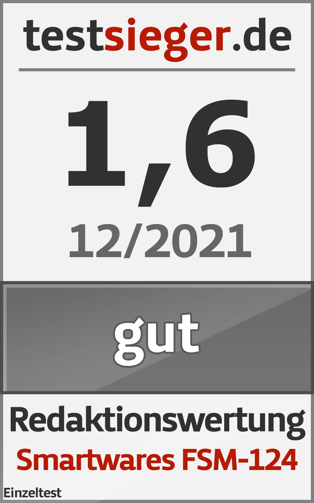 'Testsieger.de Editorial Rating: 1.6 (Good), Individual Test, Smartwares FSM-124, 12/2021'