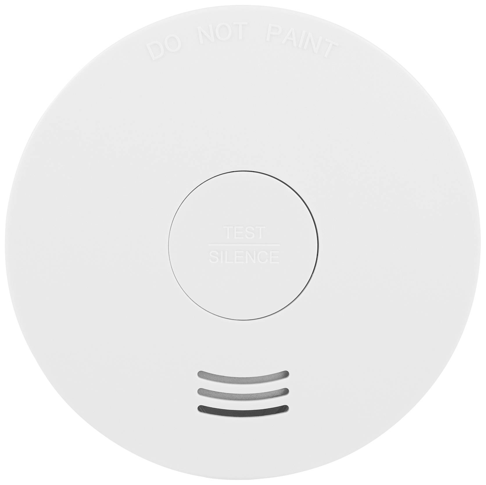 Round smoke detector with 'DO NOT PAINT' written on top. Underneath is a 'TEST SILENCE' button and ventilation slots.