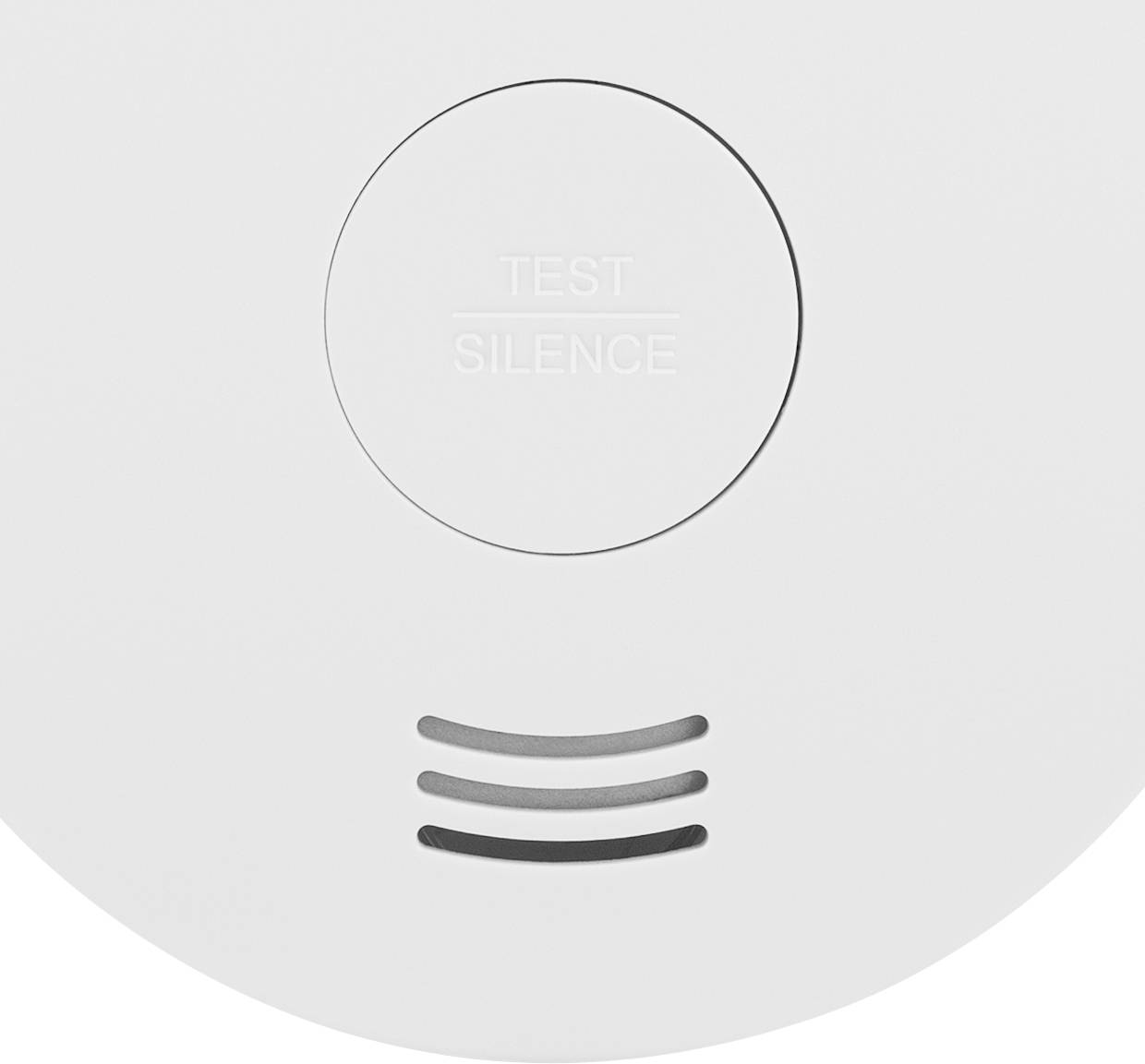 Smoke detector with a button labelled 'Test Silence'. Ventilation slots underneath.
