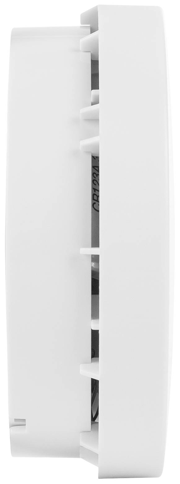 Side view of a white smoke detector with ventilation slots and a rounded housing.