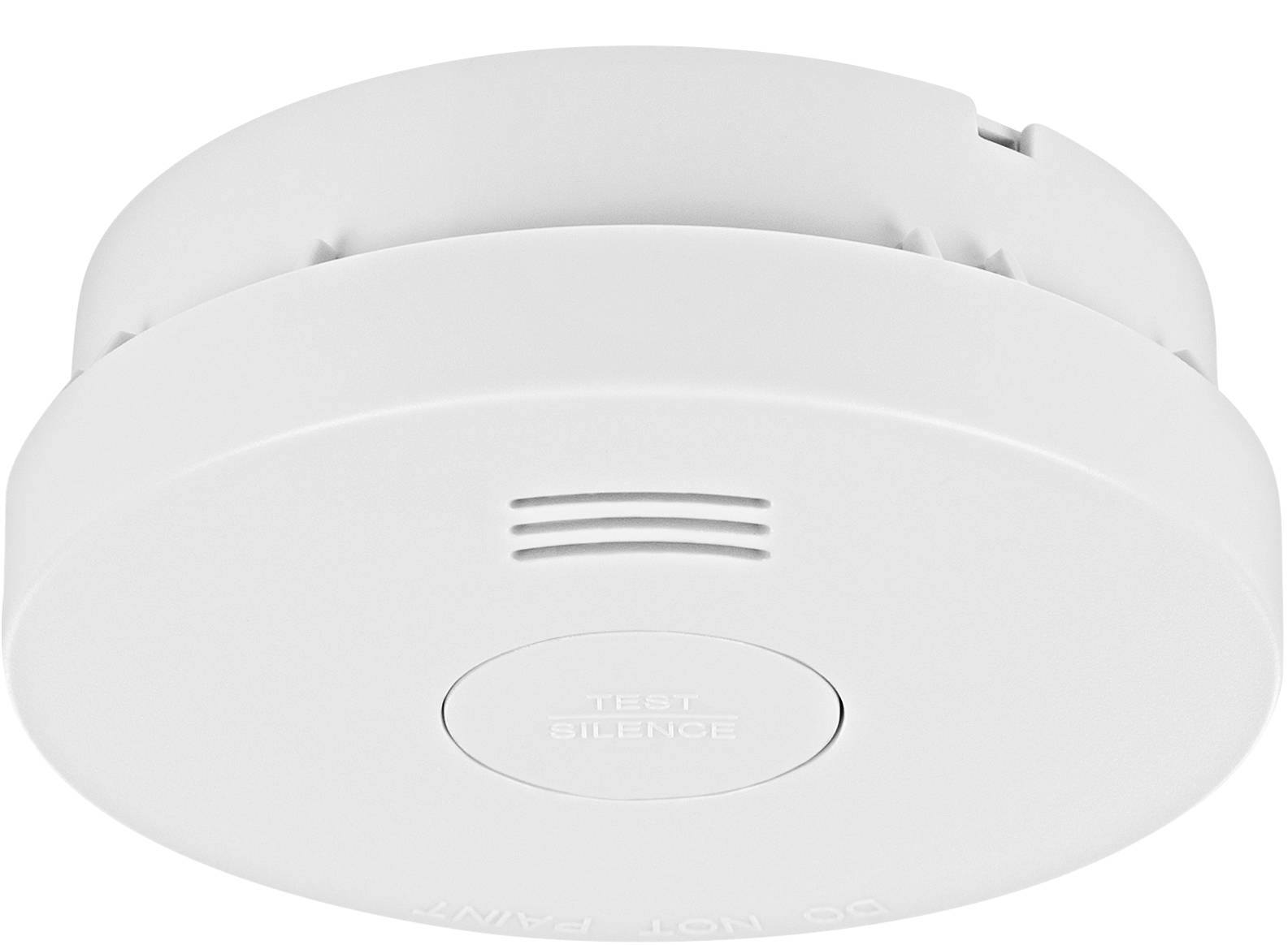 A white smoke detector with a large button in the centre, labelled 'TEST SILENCE', mounted on a room ceiling.