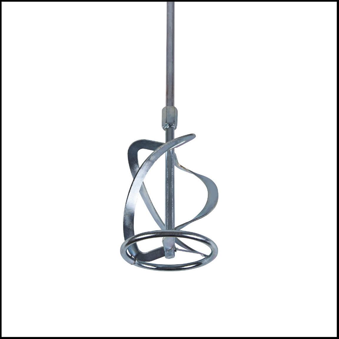 A long-handled metal mixing tool with spiral blades, used for blending liquids or materials.