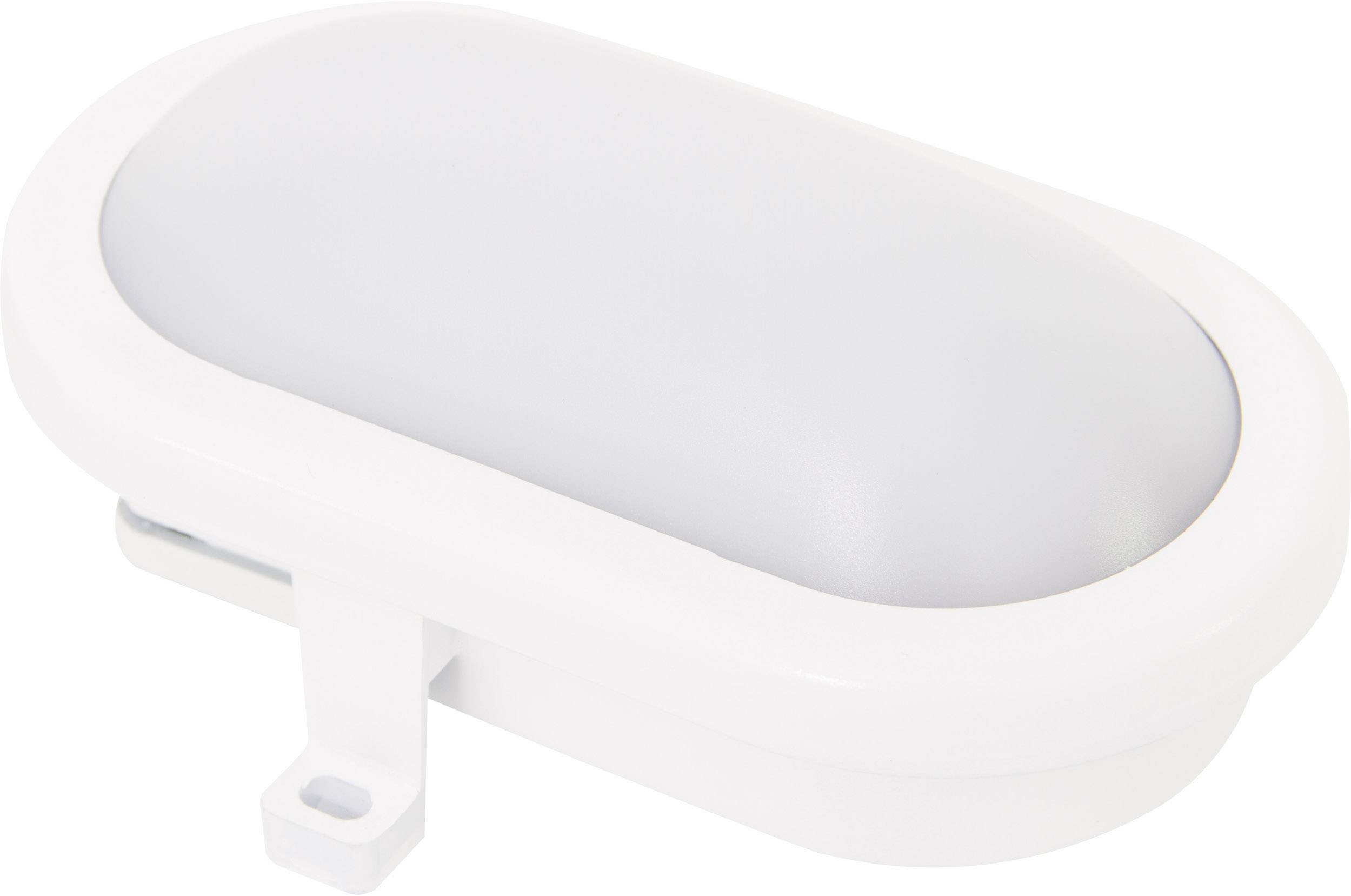 An oval, white housing with a matte diffuser cover. A small mounting bracket is located on the underside.