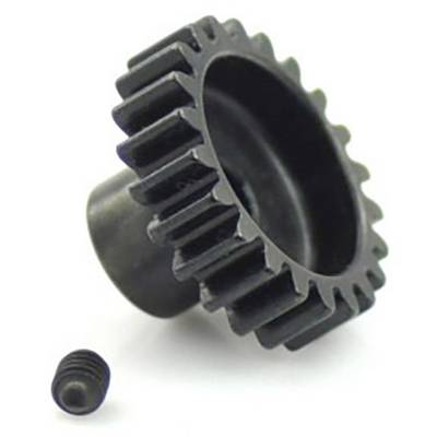 Black metal gear wheel and small set screw on white background.