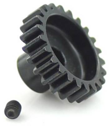 A black gear with a central opening lies beside a small, black screw.