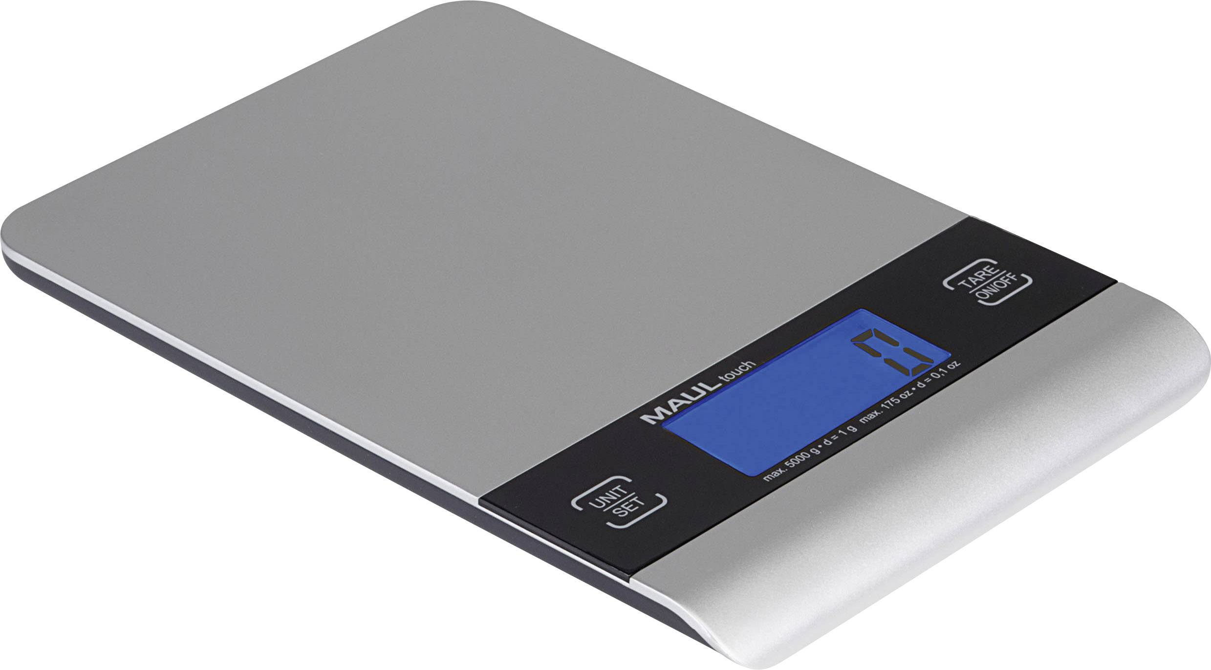 Electronic kitchen scales with a blue digital display. Compact, slim design with two control buttons.