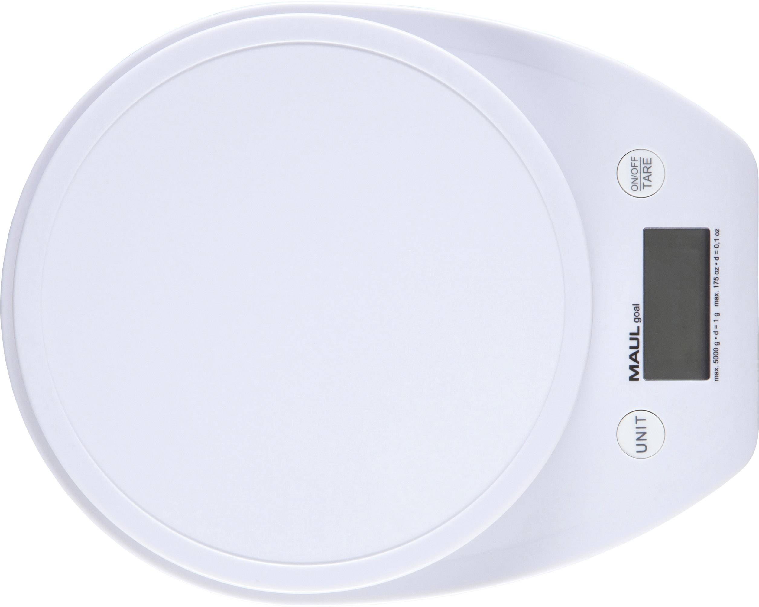 White digital kitchen scales with display and two buttons, one for mode switching ('UNIT') and one for tare function.