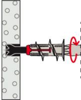 'Diagram showing a wall anchor being inserted into a wall. Arrows indicate the turning motion needed to secure the anchor in place.'