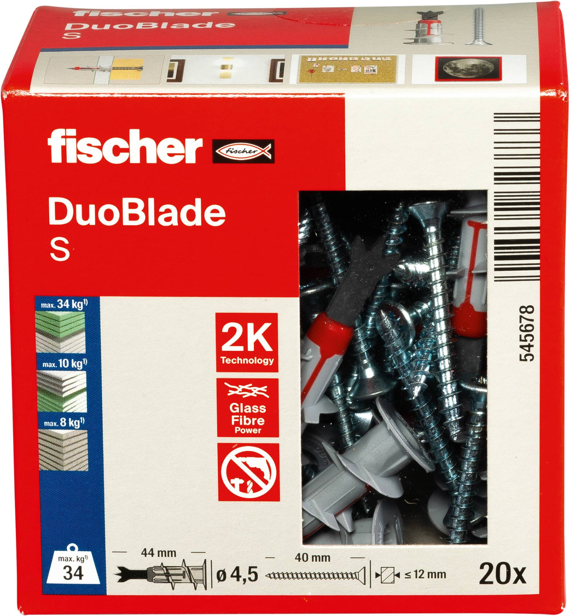 Box of 'fischer DuoBlade S' anchors, showing capacity of 34 kg in certain materials, contains 20 pieces with product details and illustrations.