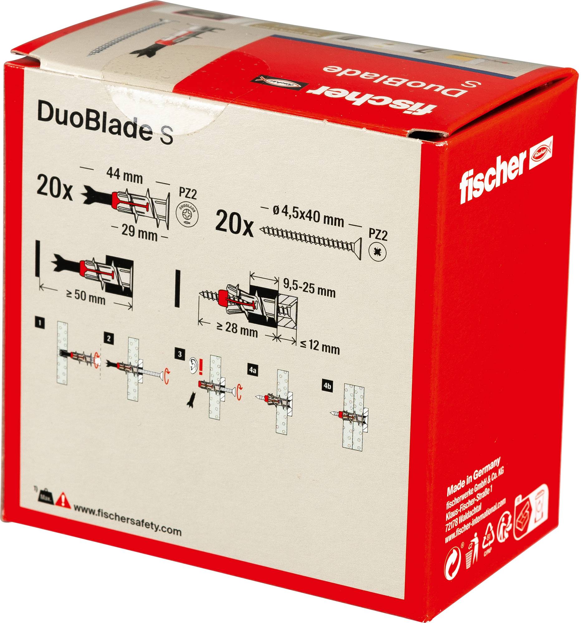 Box containing Fischer DuoBlade S wall plug set, showing installation instructions with diagrams. Includes 20 plugs and 20 screws.