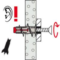 A diagram showing a wall anchor installation with an ear and exclamation mark for caution, bolt, and arrow indicating screw rotation.