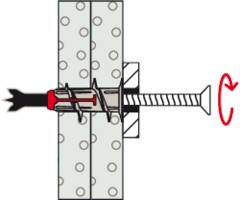 Diagram of a wall anchor being secured, showing the anchor expanding in the drywall as a screw is turned clockwise, securing it in place.