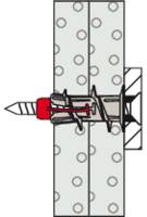 A diagram showing a wall anchor system securing a wall panel to a support, featuring a screw, anchor, and cross-section of the wall.