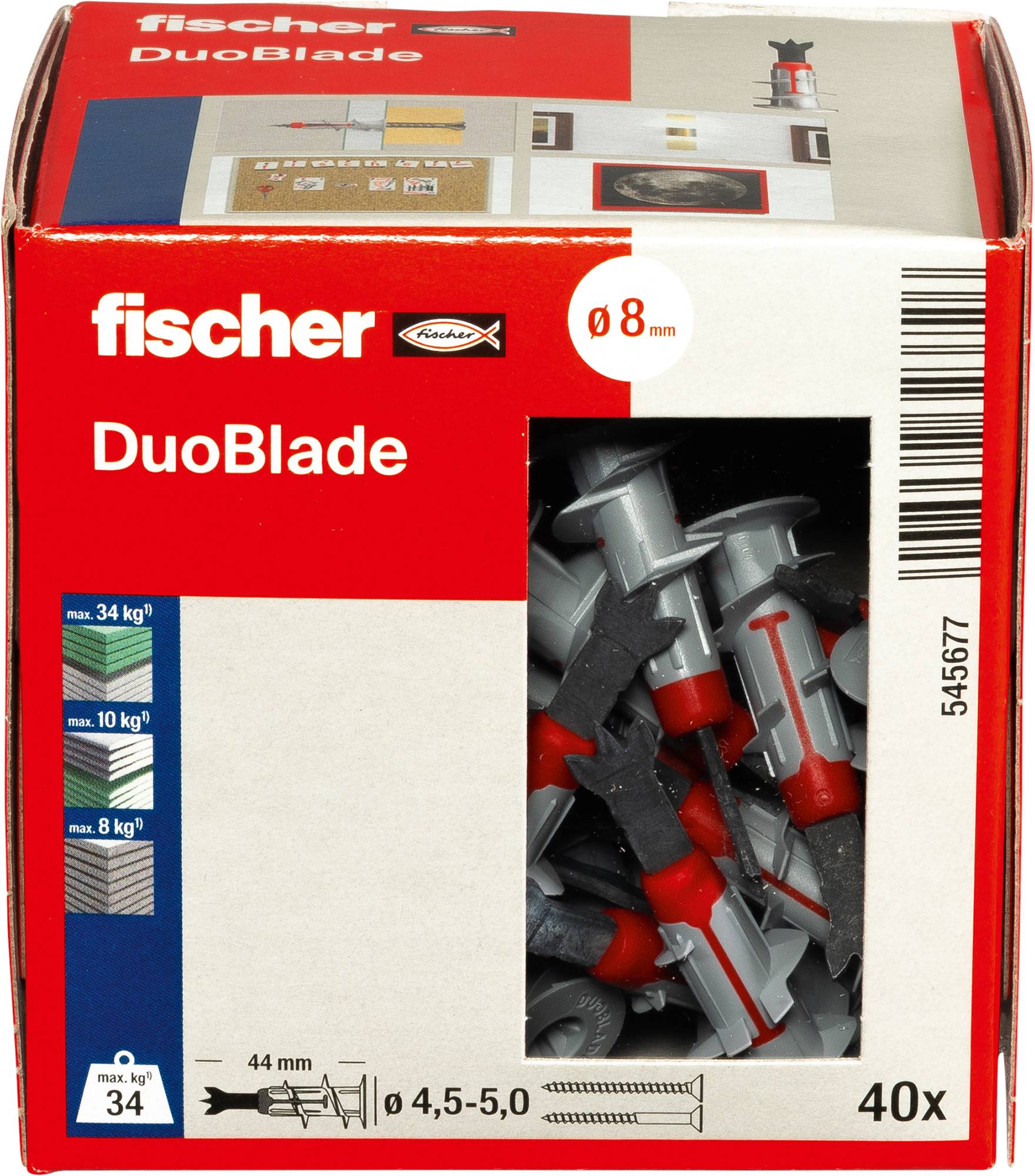 Box of Fischer DuoBlade wall plugs, showing product image, size 'Ø 8 mm', and quantity '40x'. Includes load capacities and screw size info.