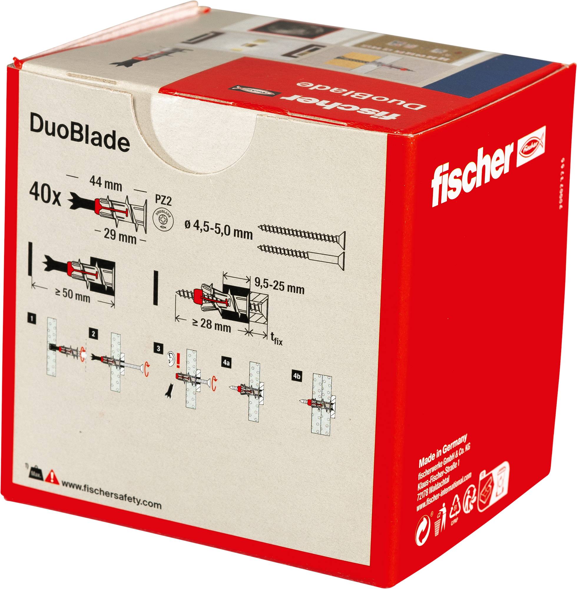 Box of Fischer DuoBlade plugs, showing product details, dimensions (44mm), screw type (PZ2, 4.5-5.0mm), and installation steps.