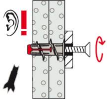 Cross-section diagram of a wall with a screw being inserted. Highlighted ear and exclamation mark indicate noise from insert.