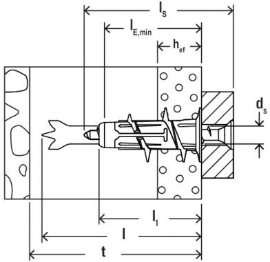 'Technical drawing of an anchor bolt in a wall, showing various measurements labeled l_s, l_E,min, h_ef, d_s, l_1, l, and t.'
