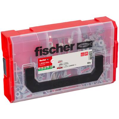Red and clear Fischer L-BOXX Mini organizer filled with assorted screws and hardware, shown as a compact storage case.