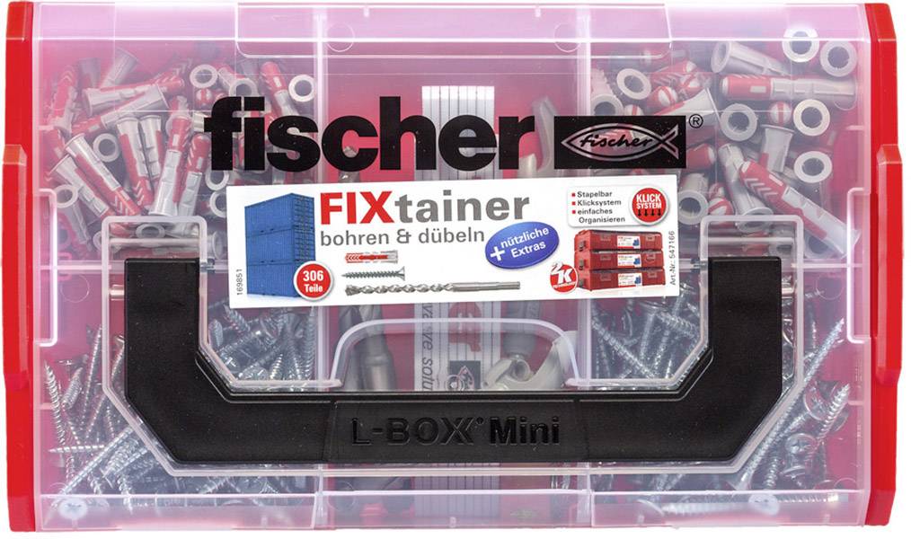 A transparent plastic box from Fischer, filled with various screws and wall plugs. The label reads 'FIXtainer drilling & plugging'.