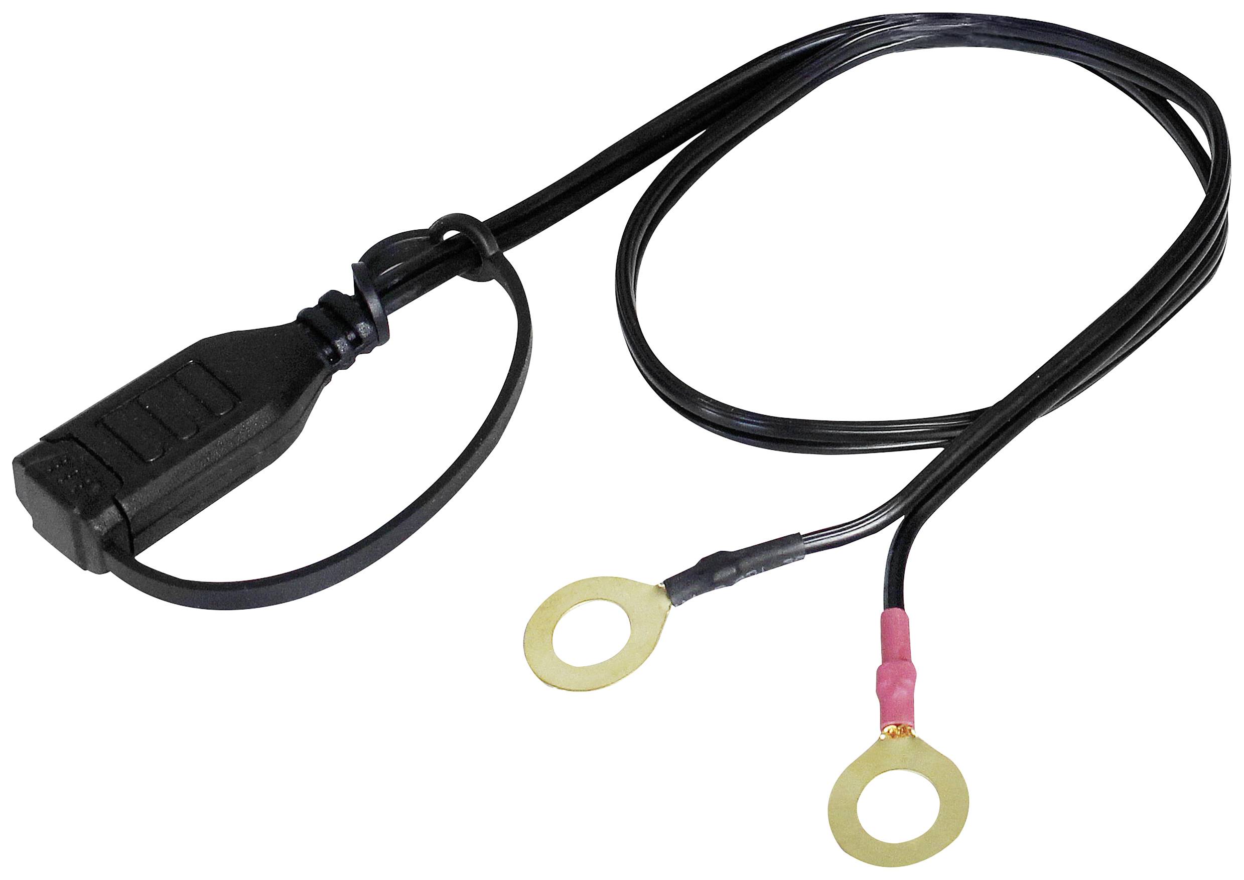 A black battery cable with two eyelet terminals and a flat plug. It is used for connecting batteries.