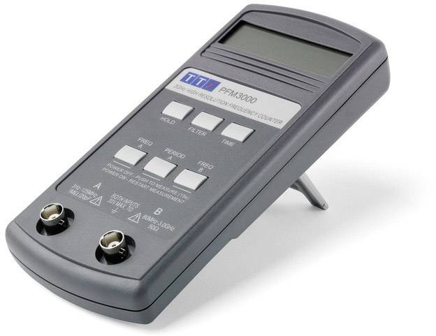 A digital handheld measuring device with a display and push buttons for measuring frequency and period duration.