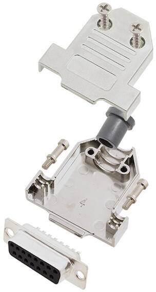 Illustration of an open D-sub connector showing internal components and screws.
