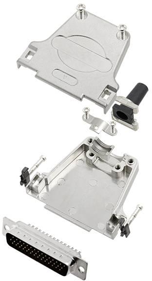 A metallic connector housing in two parts and a plug are shown. They are ready for assembly.