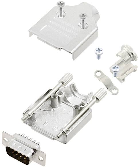 Metal housing for D-sub plugs, consisting of two halves, screws and connector, for electrical connection assembly.