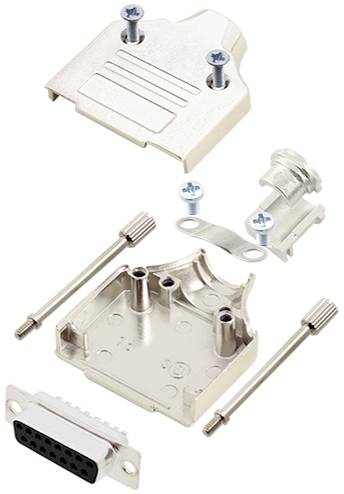 Metal housing kit for D-sub connector, comprising upper and lower housing parts, two screws, cable strain relief, and mounting bracket.