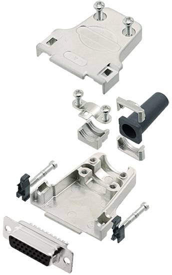 A disassembled metal DB connector cover, comprising housing parts, screws, and cable entry, shown in individual components.