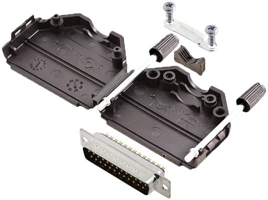 'An open plastic housing for a D-Sub connector, complete with screws, mounting bracket and cable clamp. Suitable for electronic connections.'