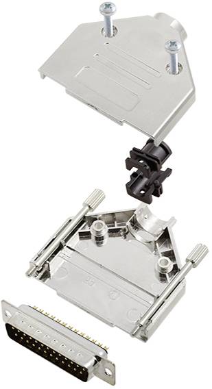 A disassembled DB9 connector with a metal housing. Parts include screws, plastic components, and metal connection terminals.