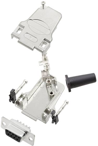 A disassembled D-sub connector with metal housing, screws, and plastic cap. Displays components for assembly.