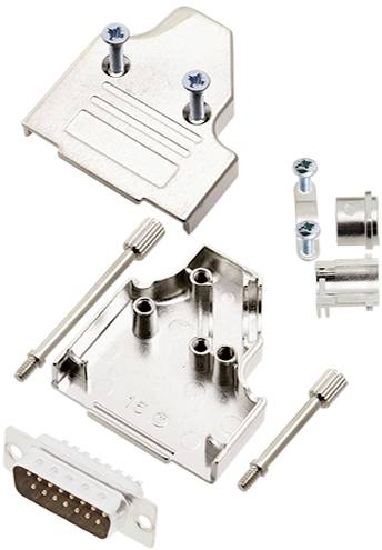 Metal housing and components of a D-sub connector, including screws and cover plate, shown as individual parts.