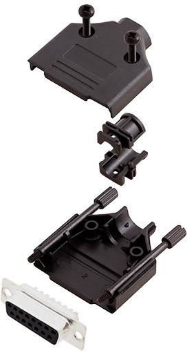 Exploded diagram of a connector with housing components, screws and a connection socket; shows the sequence of assembly.