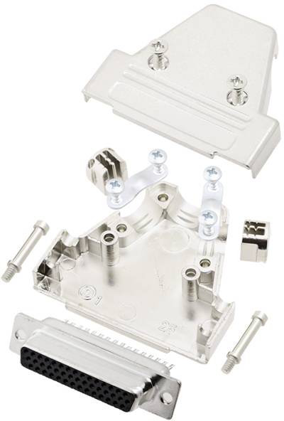 'Exploded view diagram of a metal enclosure for a D-Sub connector with screws and individual components.'