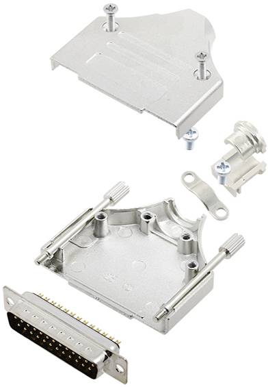 A metal housing set for a D-sub connector, comprising multiple parts such as cover, screws and housing.