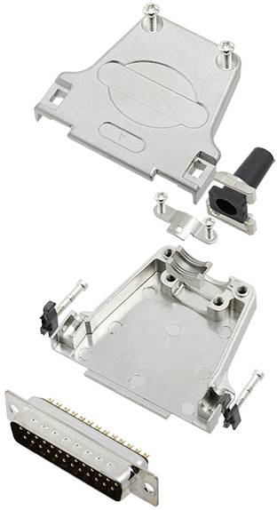 Metallic connector in individual components for assembly. Contains cover, housing, and pin strip, showing details and structure.